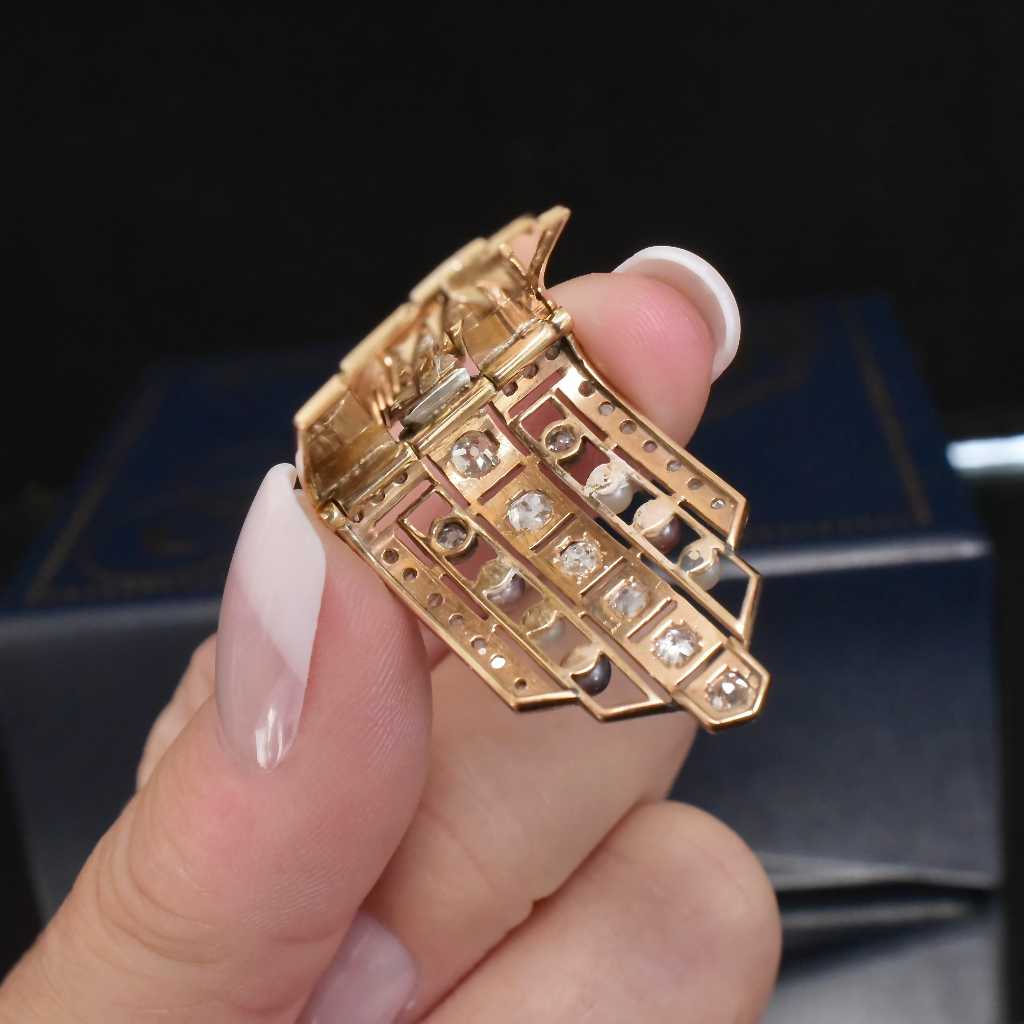 Antique Art Deco 14ct Rose Gold And Platinum Diamond And Pearl Dress Clip Circa 1925