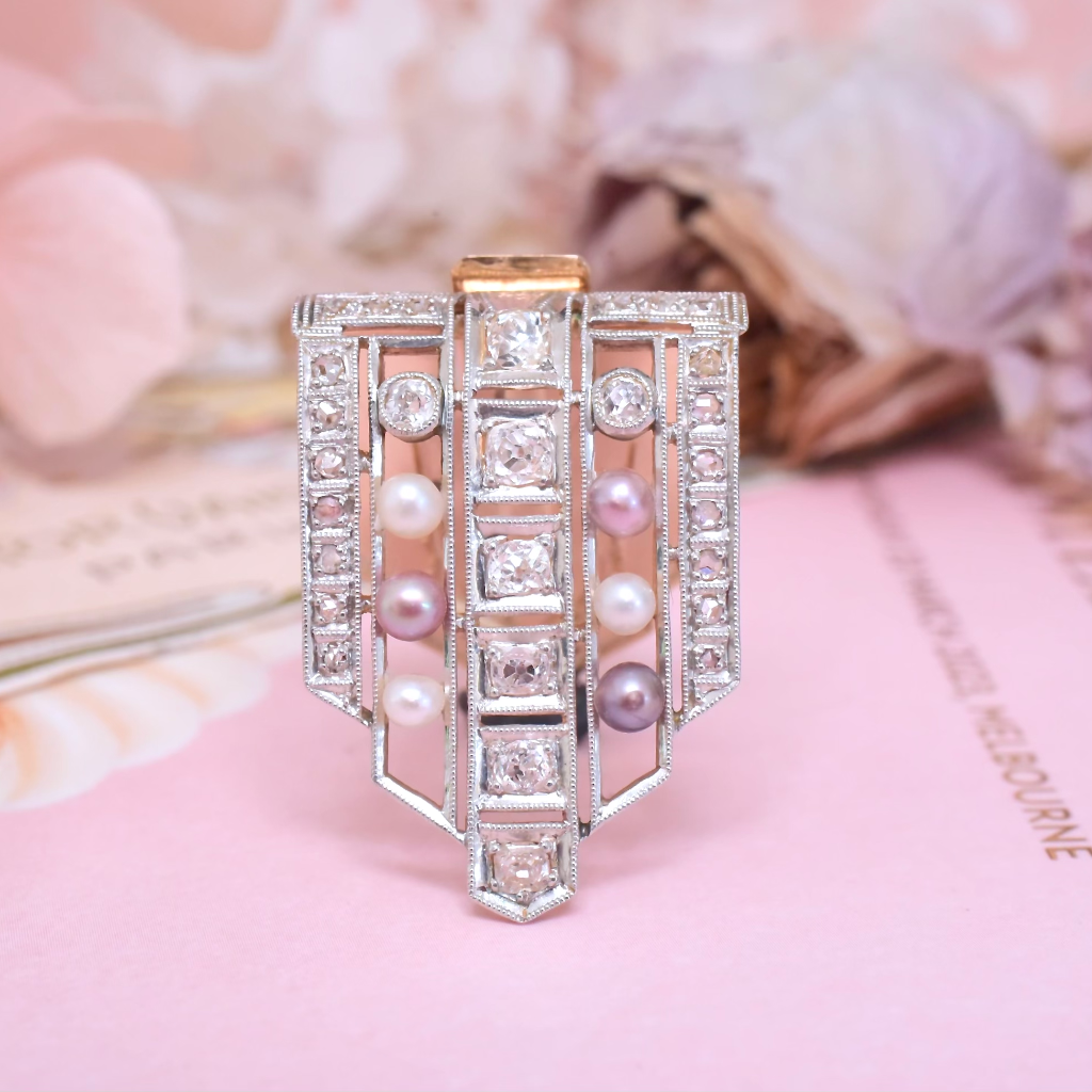 Antique Art Deco 14ct Rose Gold And Platinum Diamond And Pearl Dress Clip Circa 1925