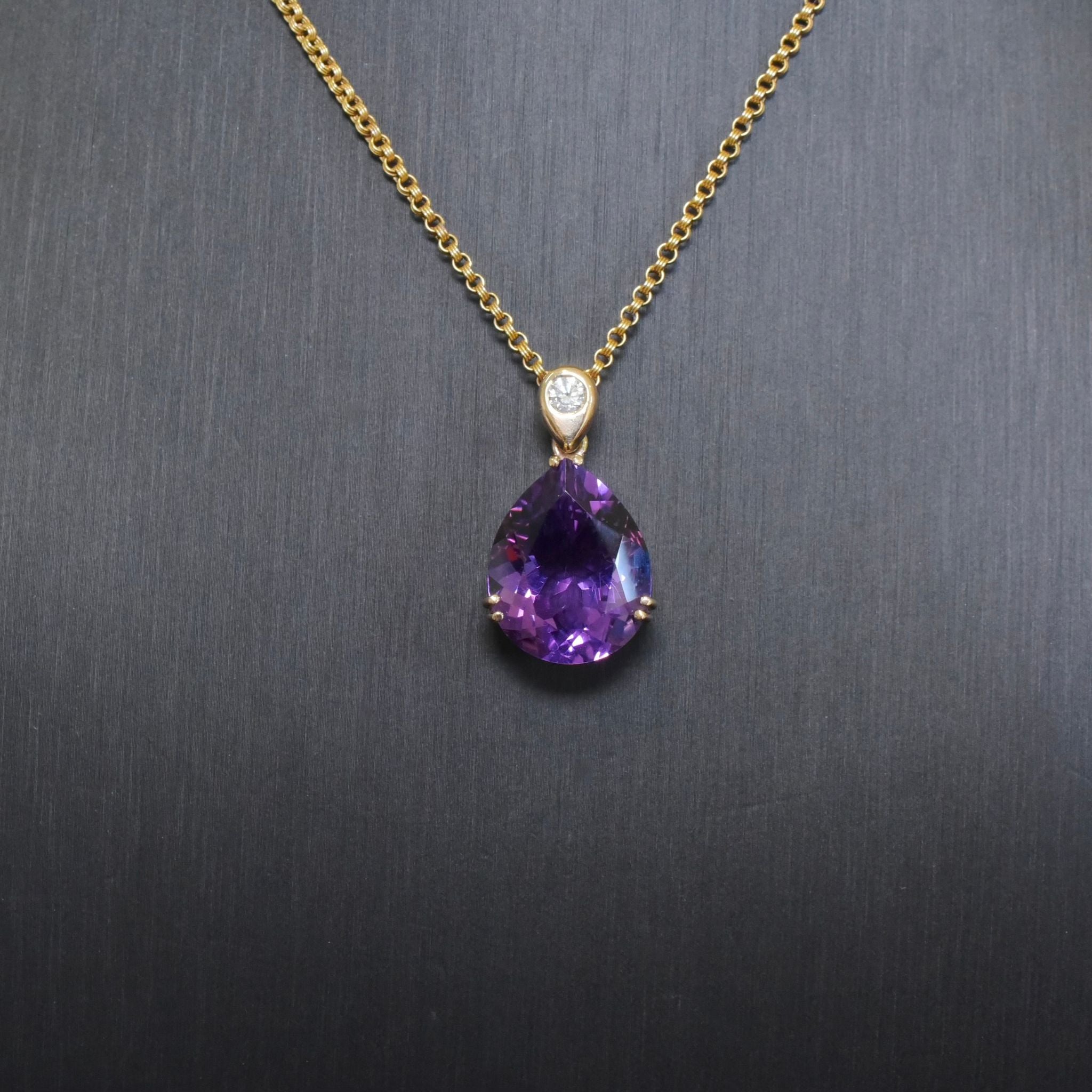 Magnificent Modern 9ct Yellow Gold Pear-Cut Amethyst And Diamond Pendant (Included in Purchase a very old Valuation 2008 for $2,675 AUD)