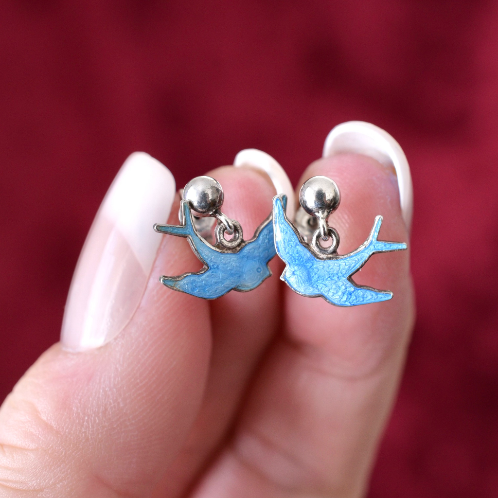 Vintage Australian Sterling Silver ‘Bluebird’ Enamel Earrings Circa 1950-1970’s