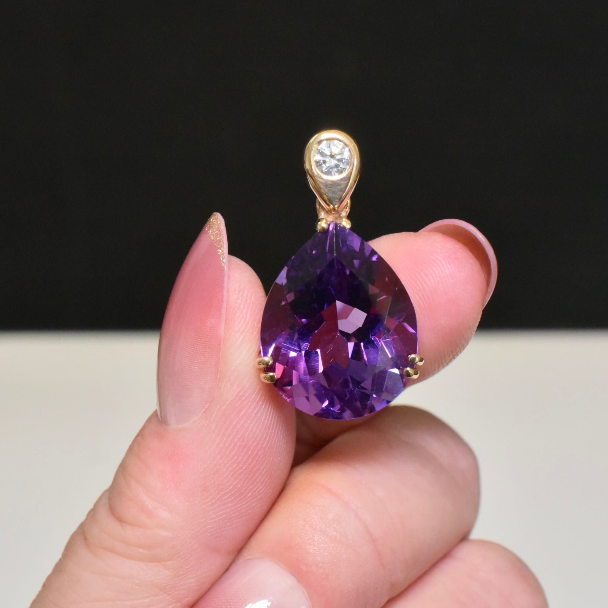 Magnificent Modern 9ct Yellow Gold Pear-Cut Amethyst And Diamond Pendant (Included in Purchase a very old Valuation 2008 for $2,675 AUD)