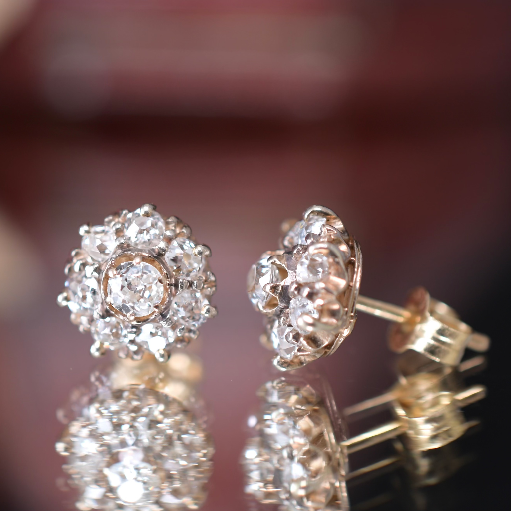 Antique Art Deco Era 9ct And Old Mine Cut Diamond Daisy Cluster Earrings Circa 1920