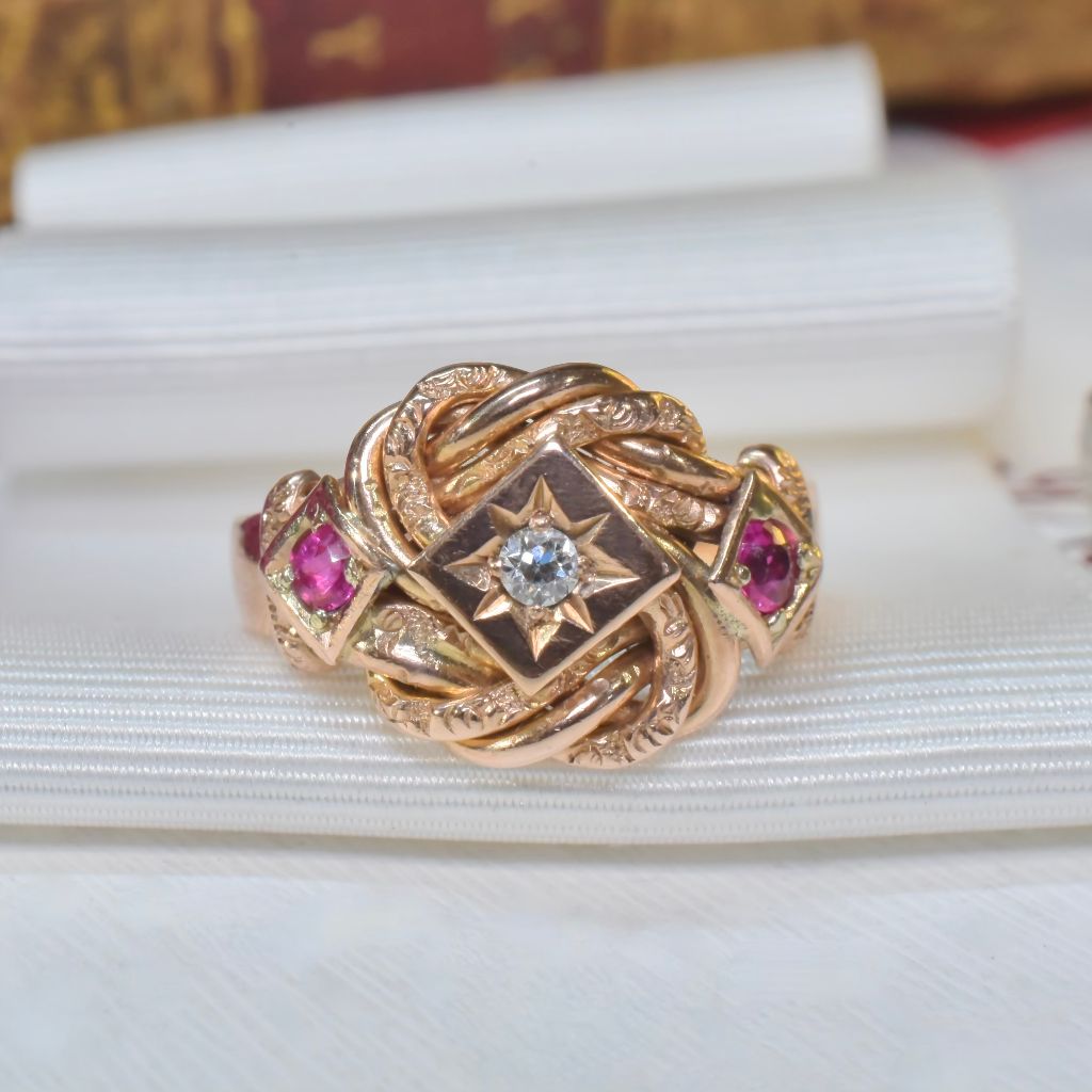 Antique Edwardian 9ct Rose Gold Ruby And Diamond ‘Lovers Knot’ Ring Birmingham 1919