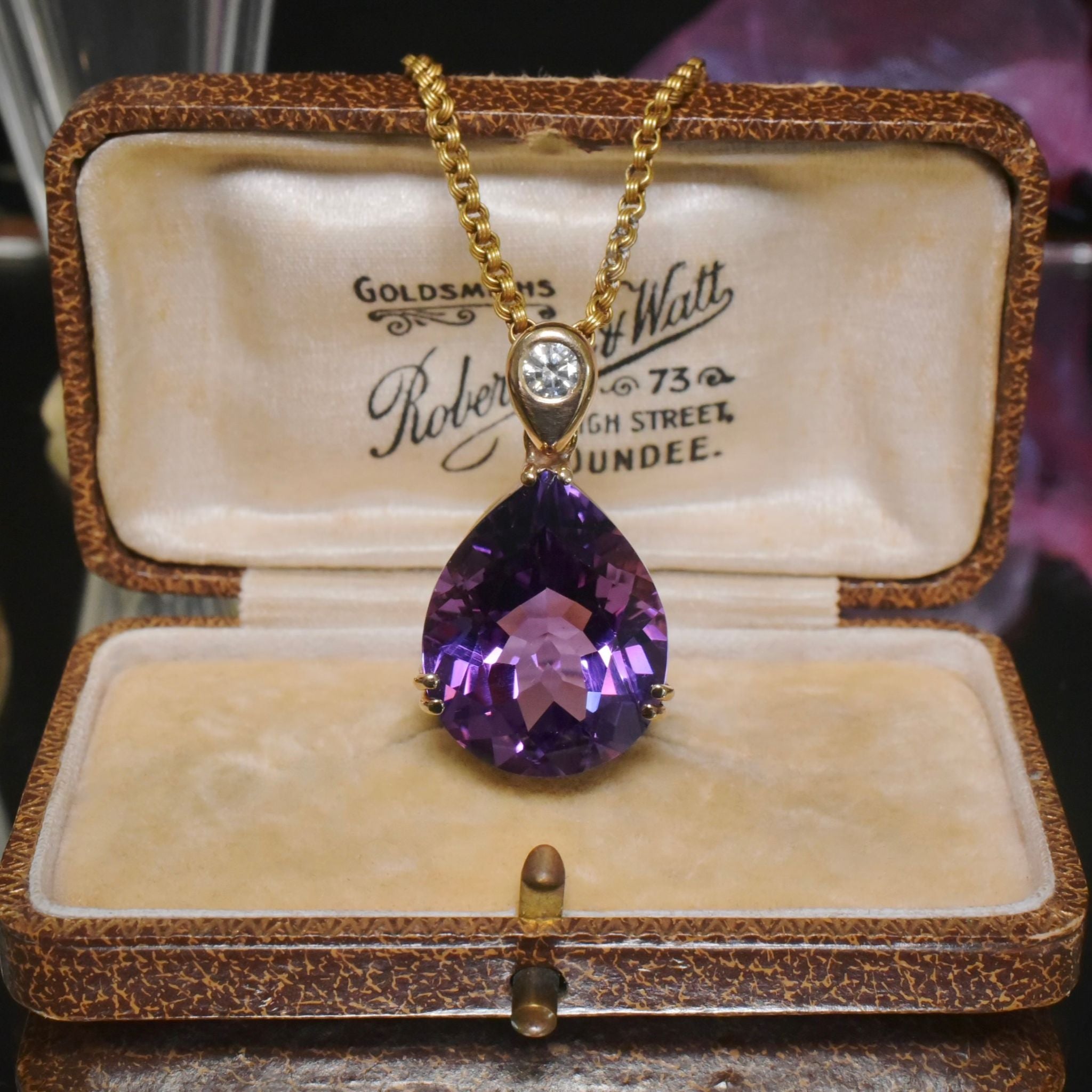 Magnificent Modern 9ct Yellow Gold Pear-Cut Amethyst And Diamond Pendant (Included in Purchase a very old Valuation 2008 for $2,675 AUD)