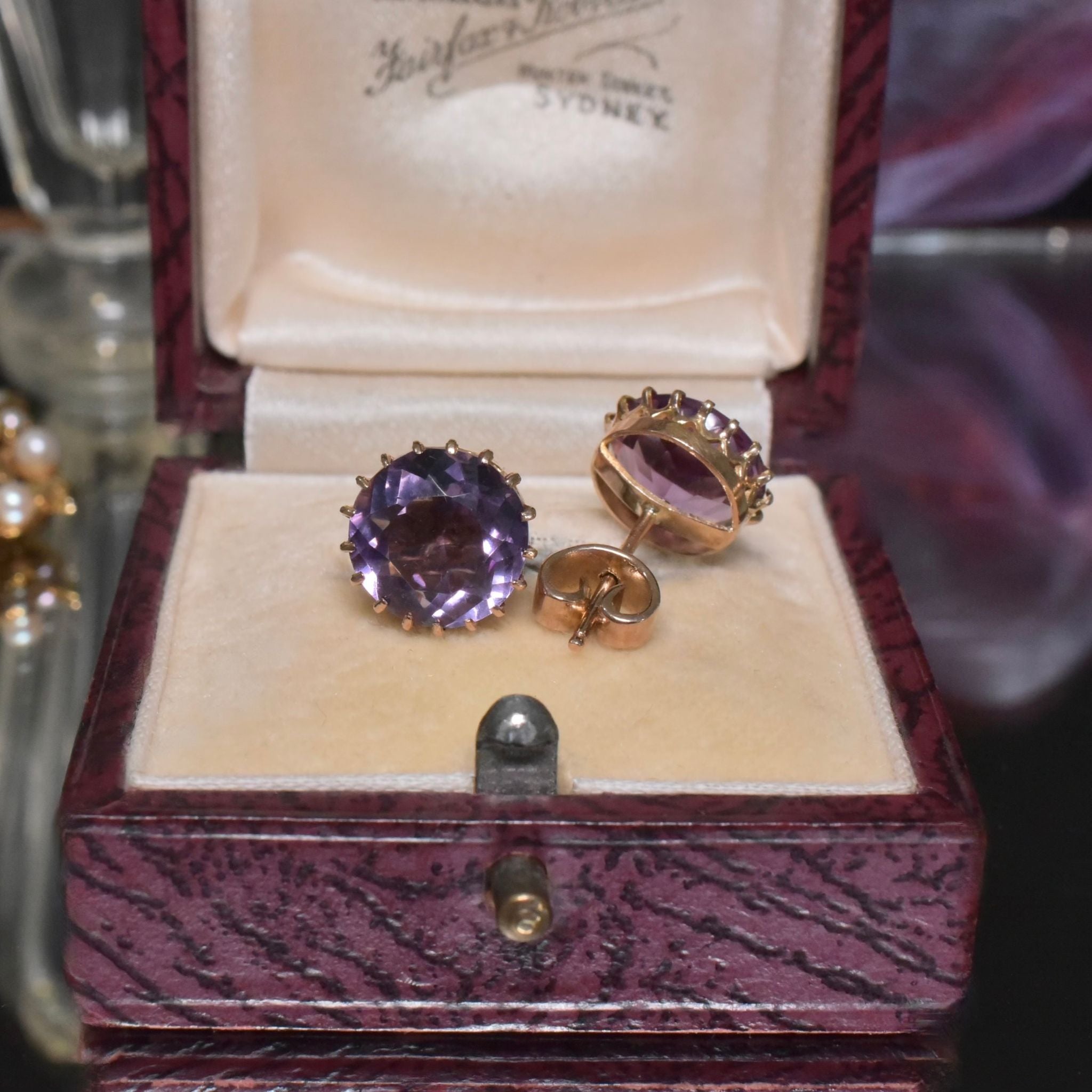 Antique Edwardian 9ct Rose Gold And Amethyst Earrings circa 1910