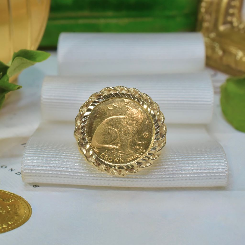 Stunning 24ct Gold 1990 Isle of Man ‘Alley Cat’ 1/25 Oz Crown Elizabeth II 9ct Gold Ring