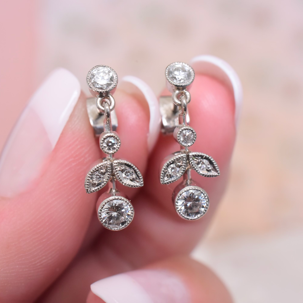 Modern 18ct White Gold And Diamond Floral Drop Earrings TDW 0.70ct