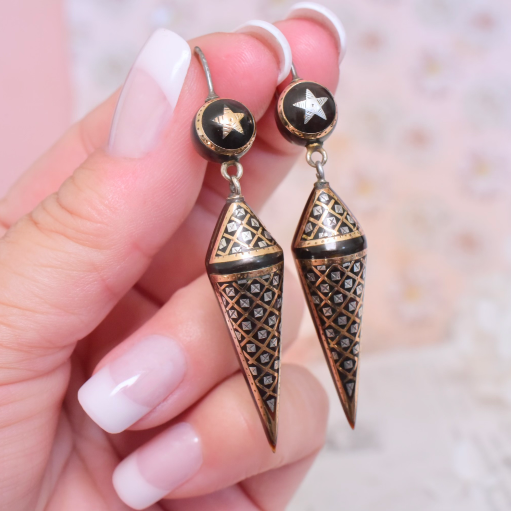 Antique Victorian French Gold And Silver ‘Pique’ Tortoiseshell Earrings Circa 1870 - 80s