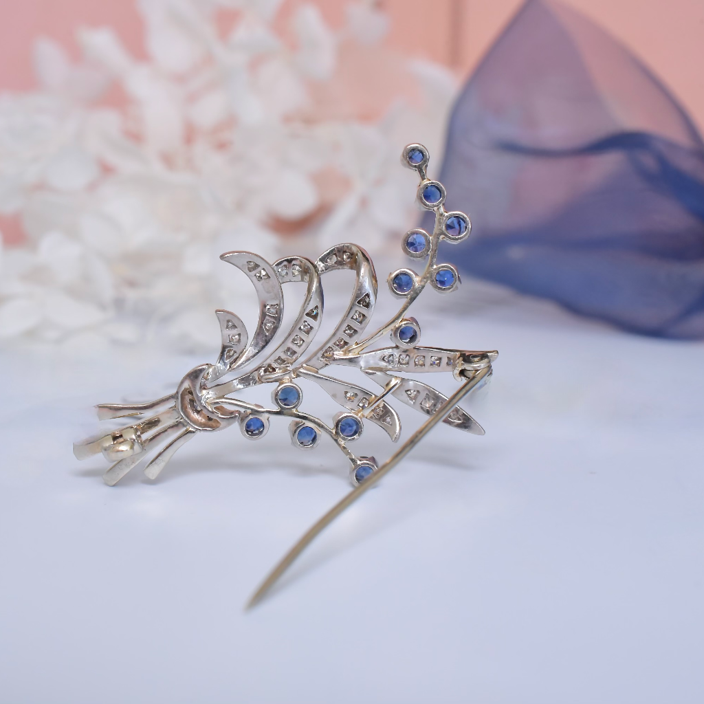 Vintage 18ct White Gold Diamond And Sapphire Floral Spray Brooch Circa 1940-50’s