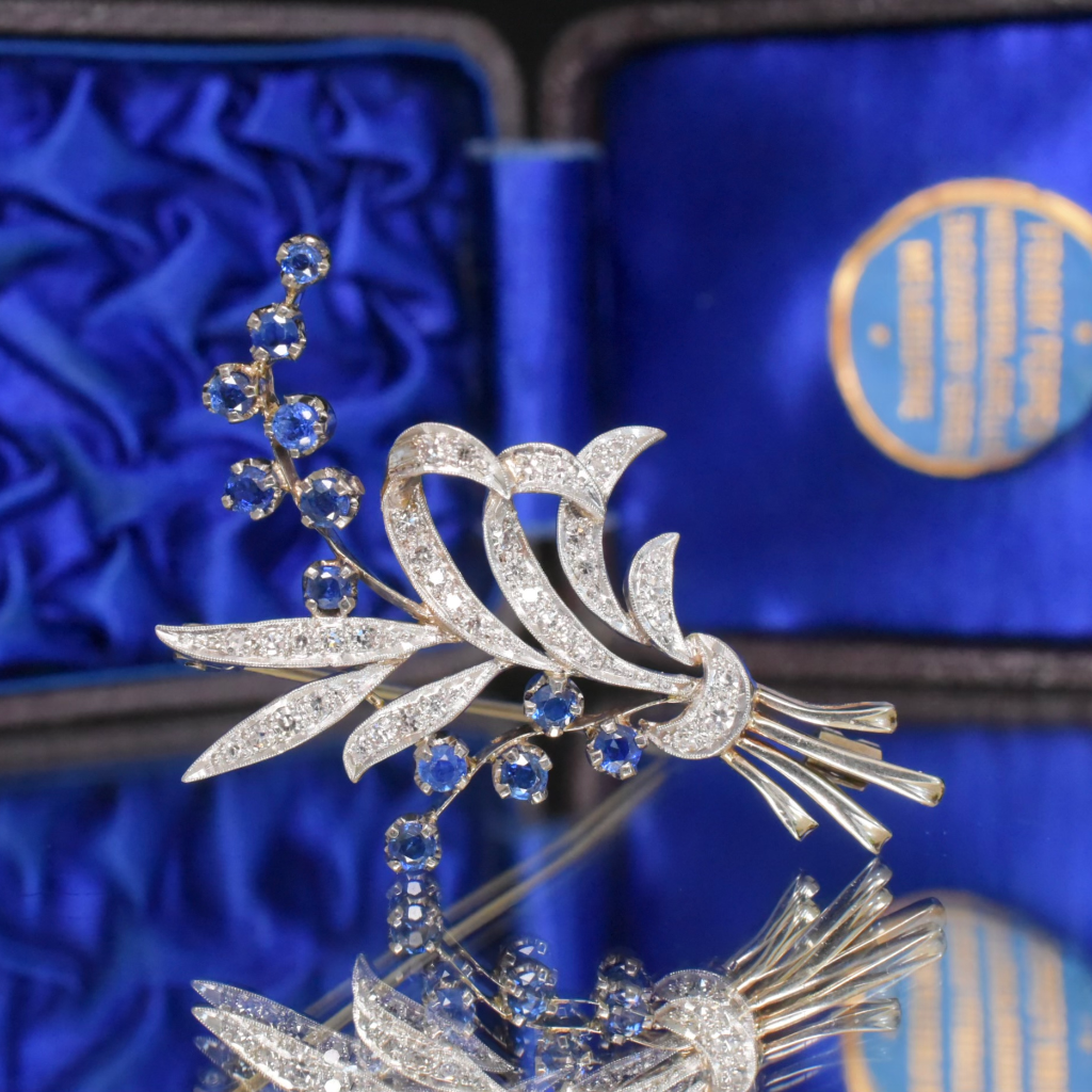 Vintage 18ct White Gold Diamond And Sapphire Floral Spray Brooch Circa 1940-50’s