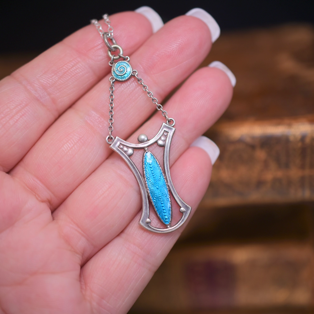 Antique Art Nouveau Sterling Silver Enamel Necklace By Charles Horner 1912