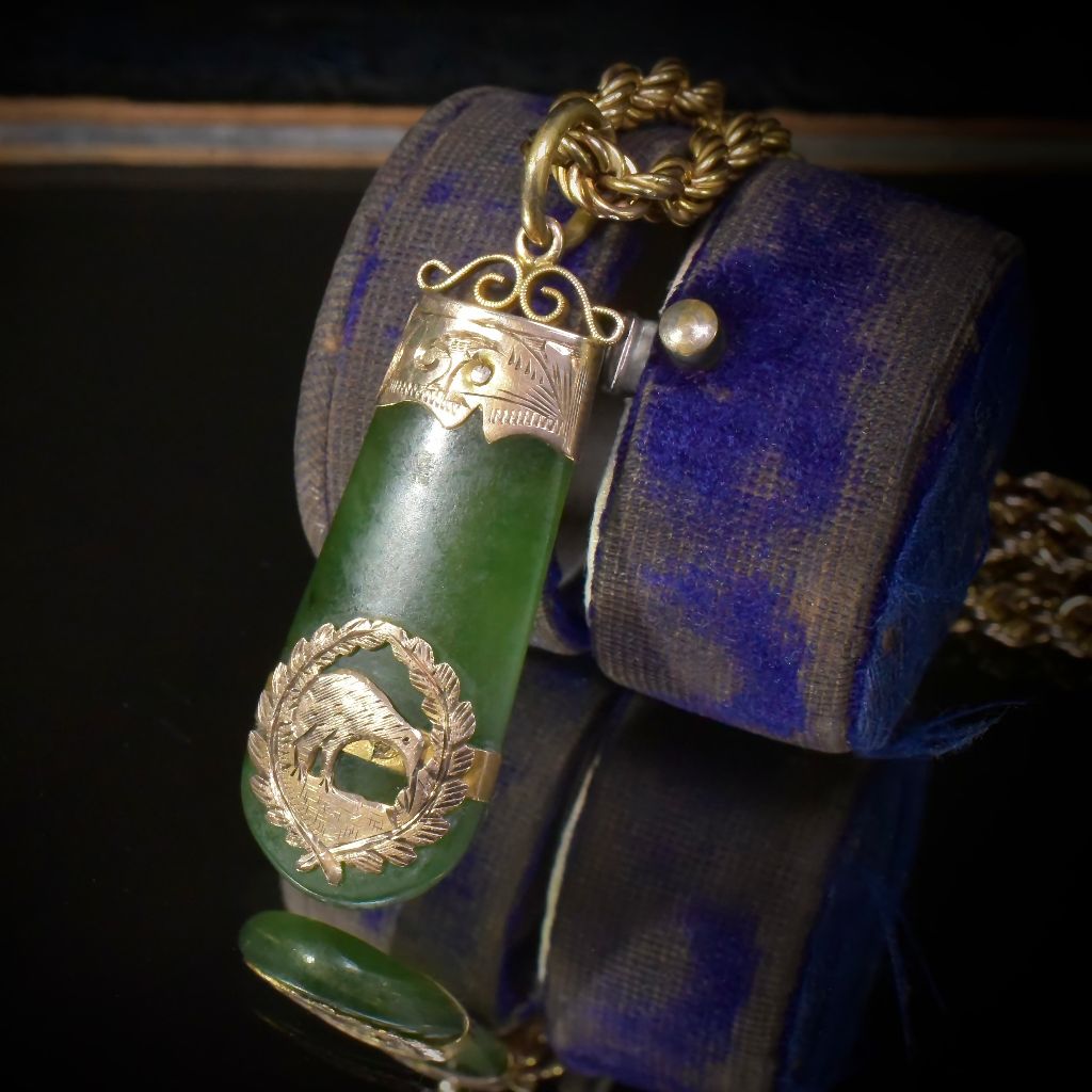 Antique Edwardian 9ct Rose Gold Nephrite Jade (Pounamu) Kiwi Fob Pendant Circa 1910