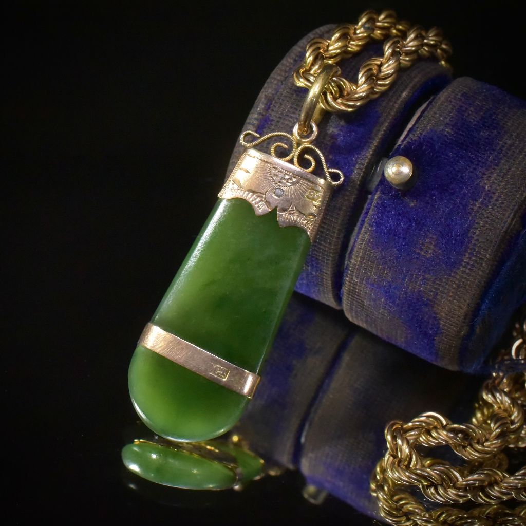 Antique Edwardian 9ct Rose Gold Nephrite Jade (Pounamu) Kiwi Fob Pendant Circa 1910