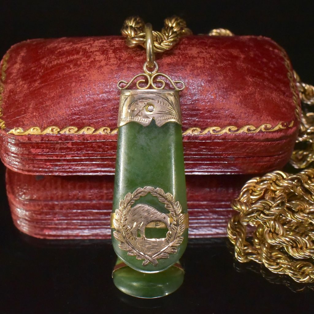 Antique Edwardian 9ct Rose Gold Nephrite Jade (Pounamu) Kiwi Fob Pendant Circa 1910