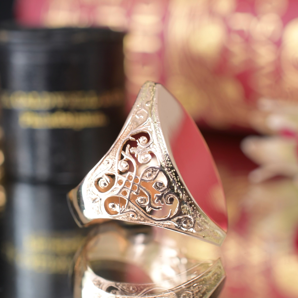 Modern Russian 14ct Rose (Pink) Gold Marquise Shaped Filigree Ring