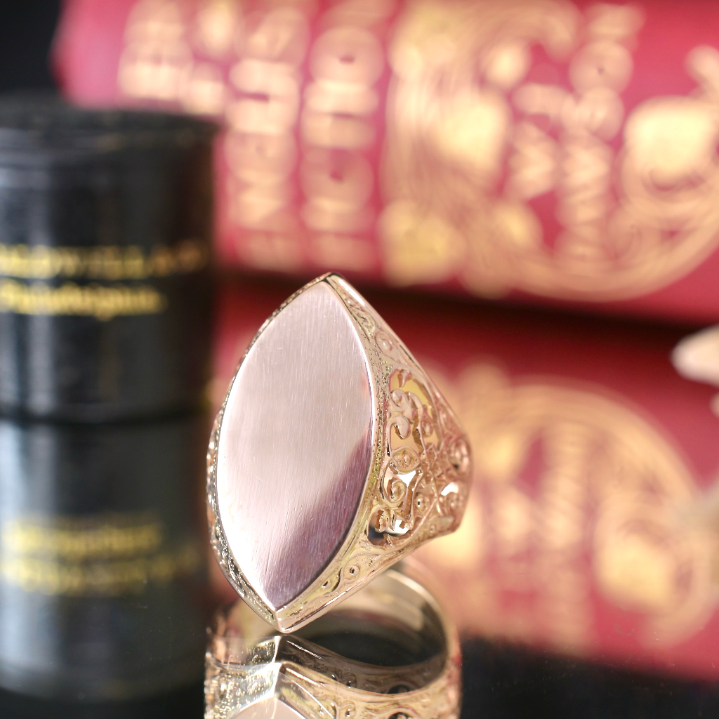 Modern Russian 14ct Rose (Pink) Gold Marquise Shaped Filigree Ring