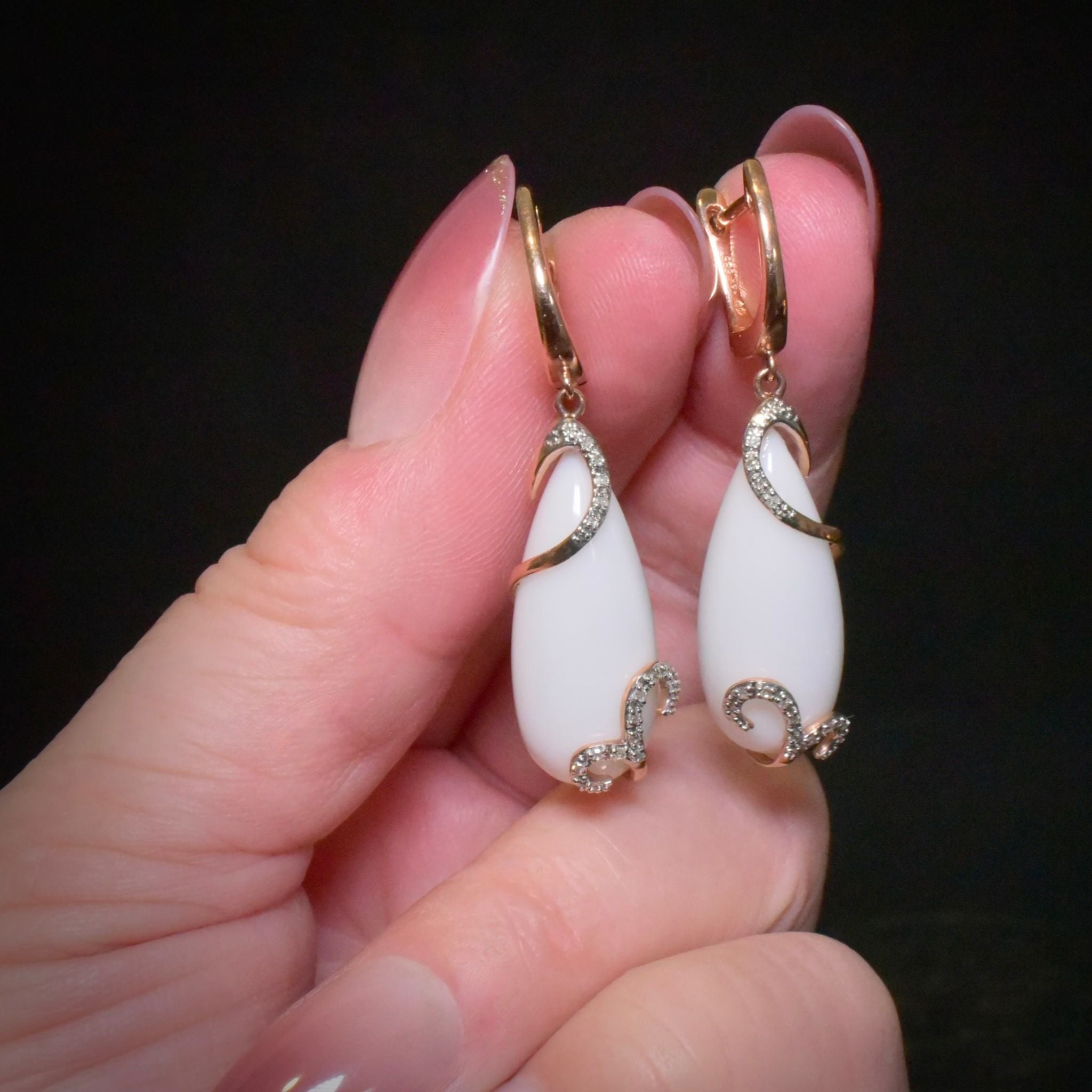 Contemporary 14ct Rose Gold Diamond And Ceramic Tear-Drop Earrings