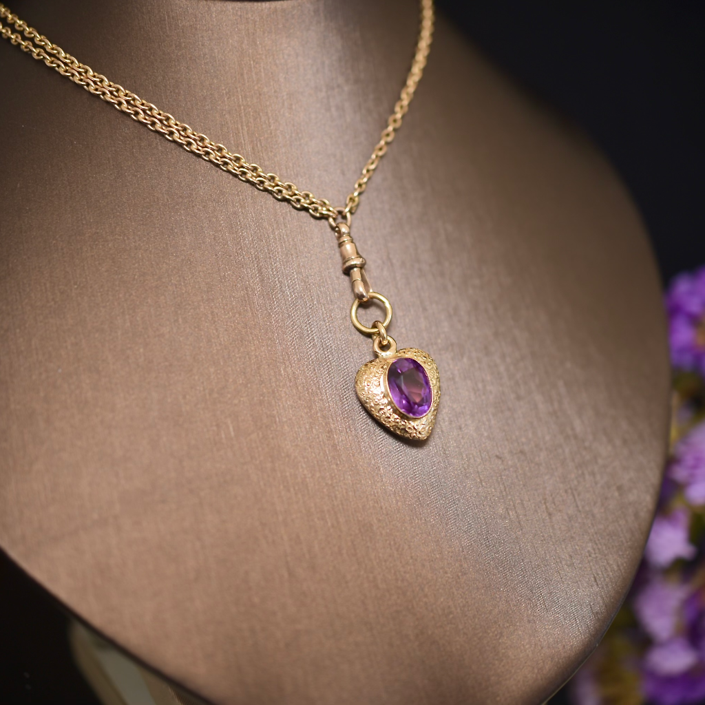 Antique Victorian 15ct Yellow Gold And Amethyst ‘Puffy’ Heart Pendant