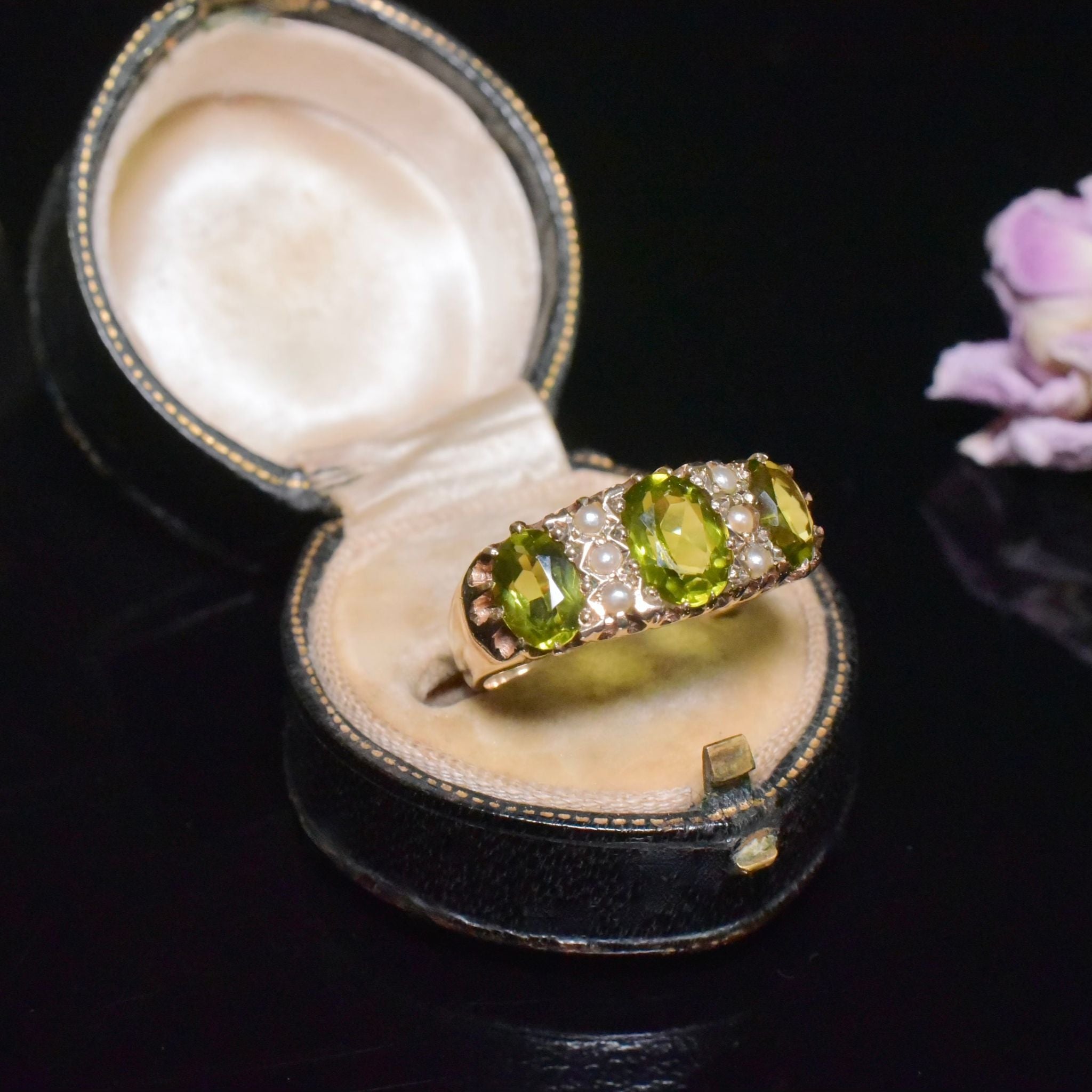 Superb Vintage 9ct Yellow Gold Peridot And Seed Pearl Bridge Ring - Birmingham 1971