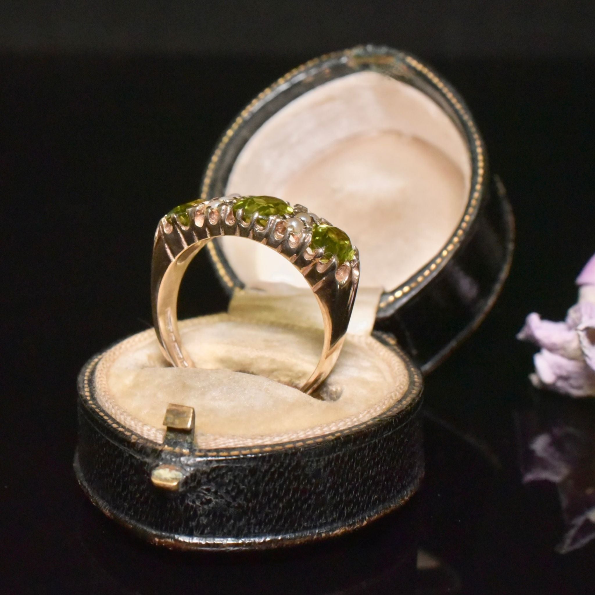 Superb Vintage 9ct Yellow Gold Peridot And Seed Pearl Bridge Ring - Birmingham 1971