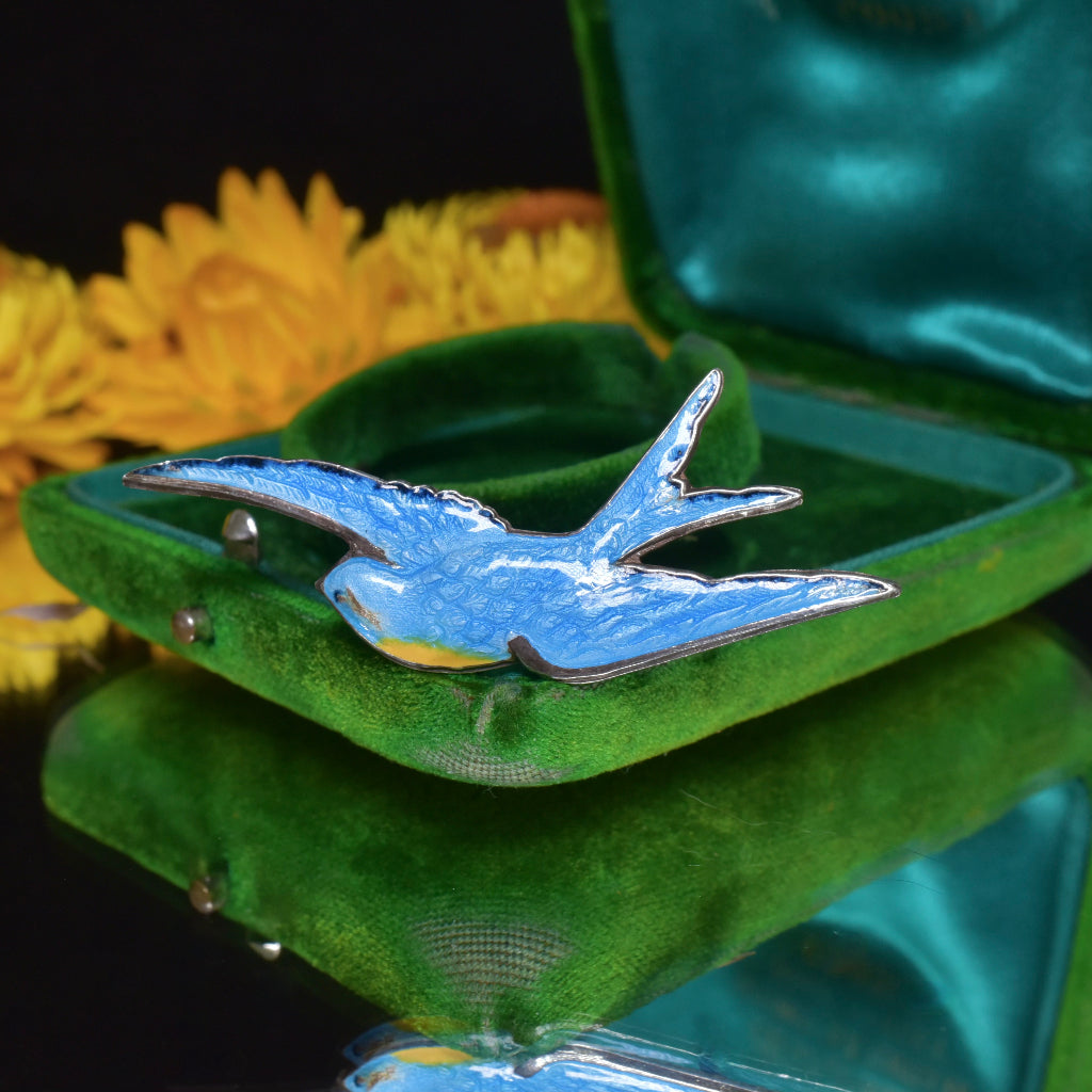 Vintage Australian Silver And Guilloche Enamel ‘Bluebird Of Happiness’ Brooch Circa 1950-1970’s