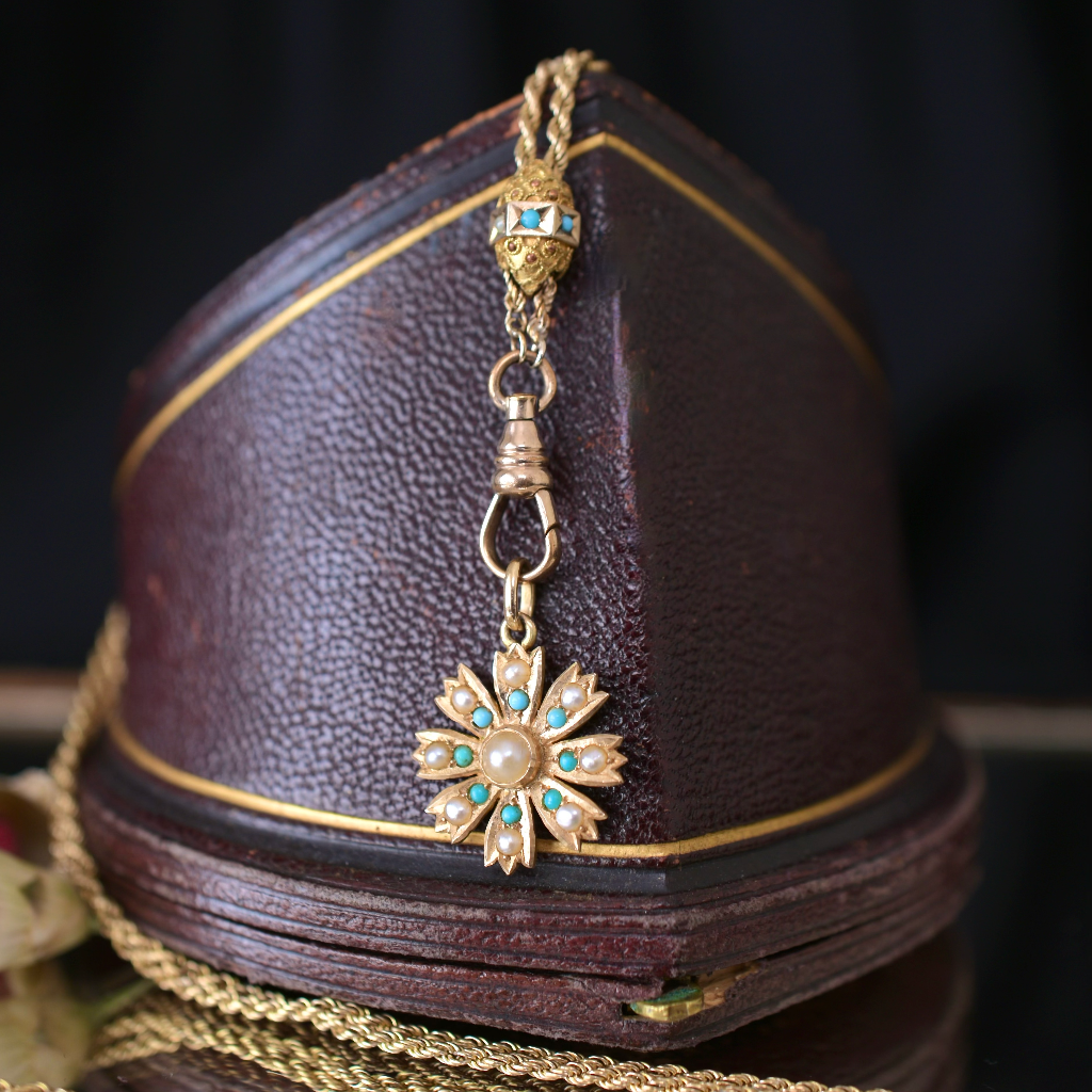 Antique Australian 15ct Rose Gold Turquoise And Seed Pearl Pendant