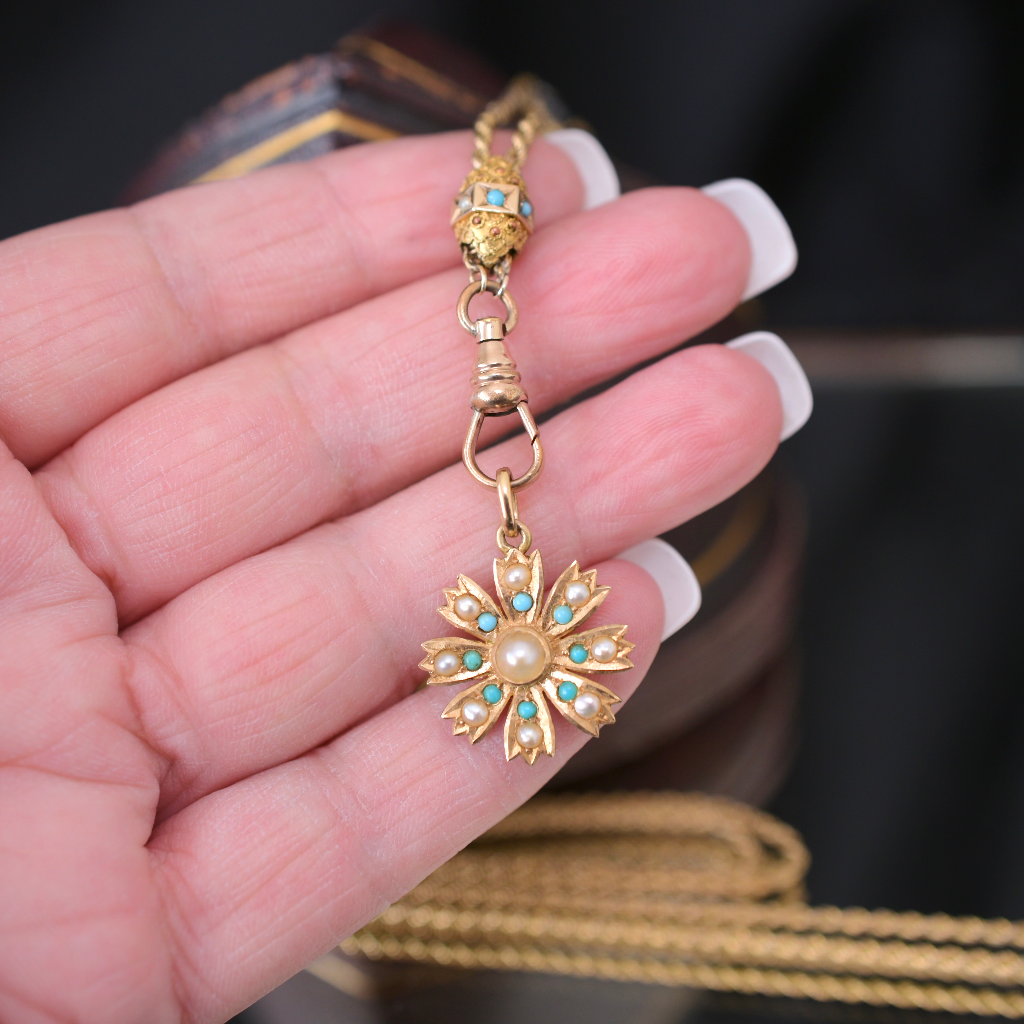 Antique Australian 15ct Rose Gold Turquoise And Seed Pearl Pendant