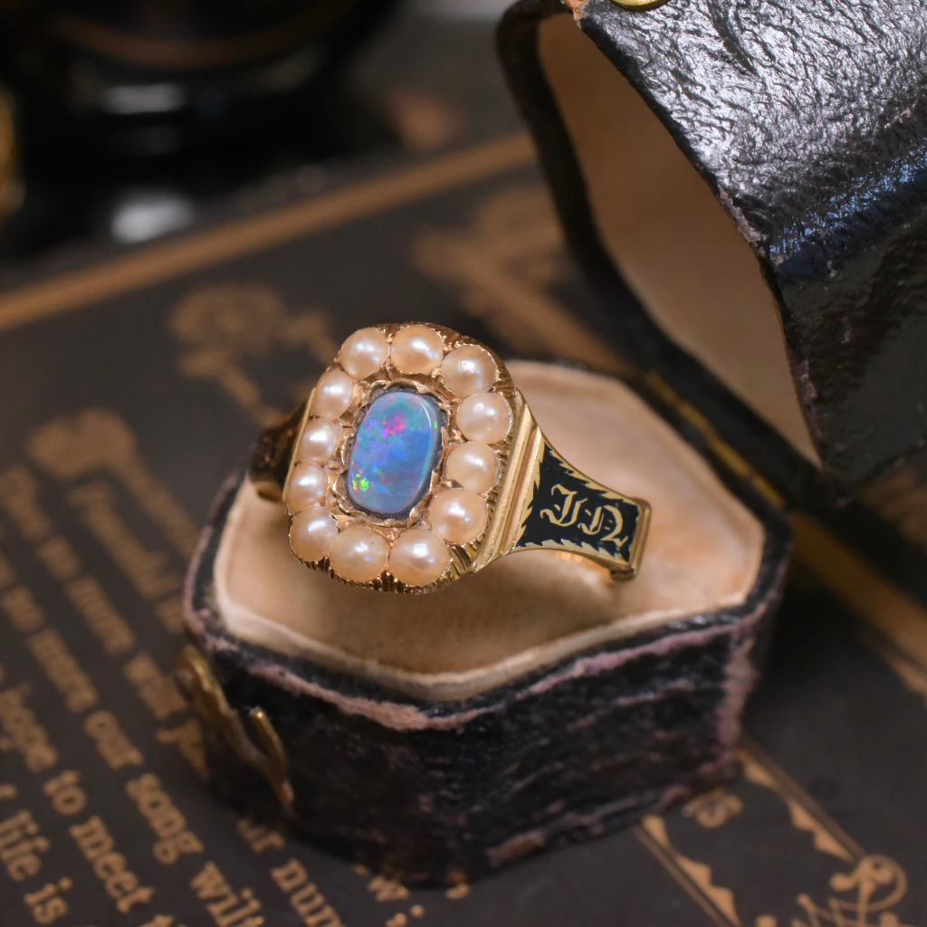 Antique Early Victorian 18ct Gold Pearl And Opal (Doublet) Enamel ‘In Memory Of’ Ring - 1839