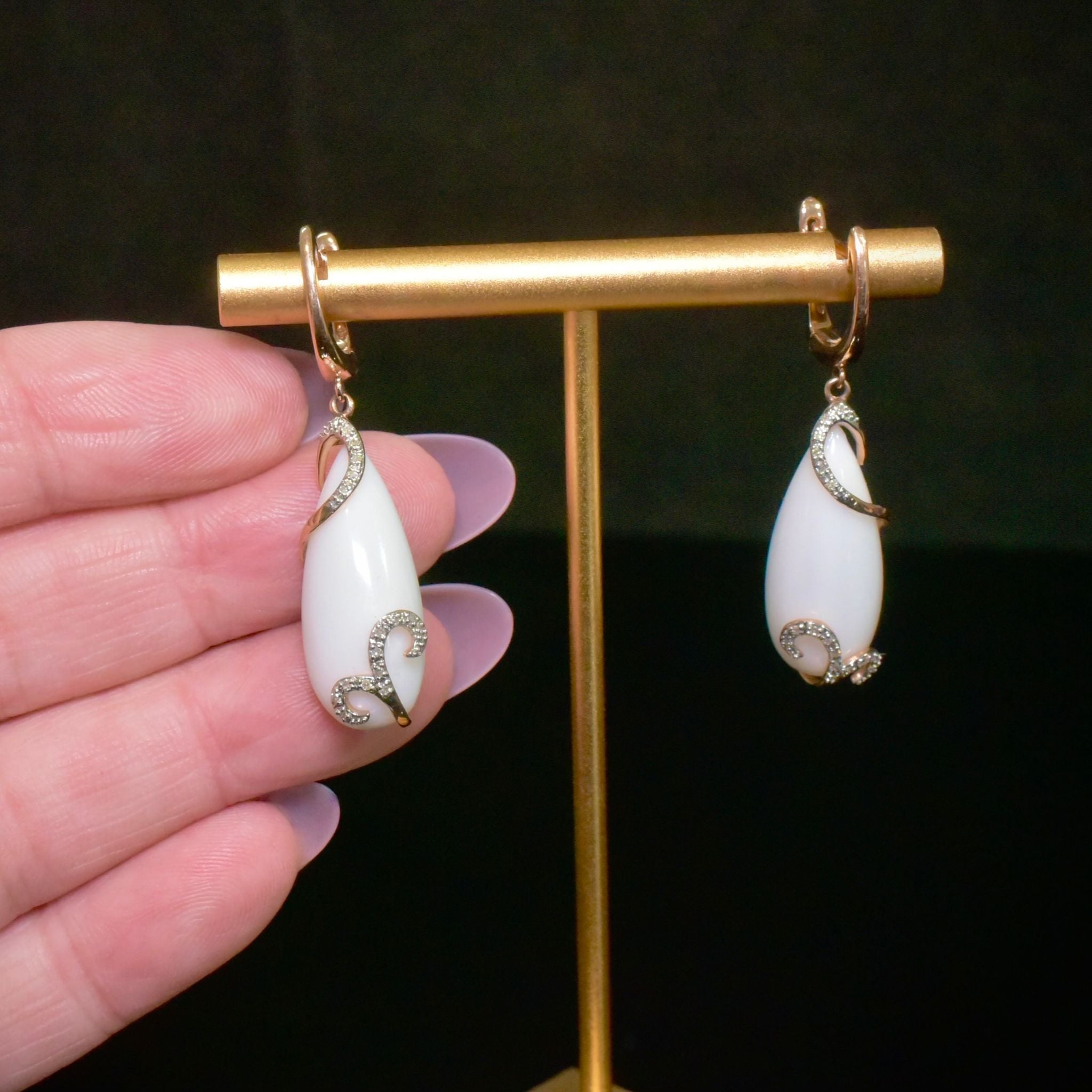 Contemporary 14ct Rose Gold Diamond And Ceramic Tear-Drop Earrings