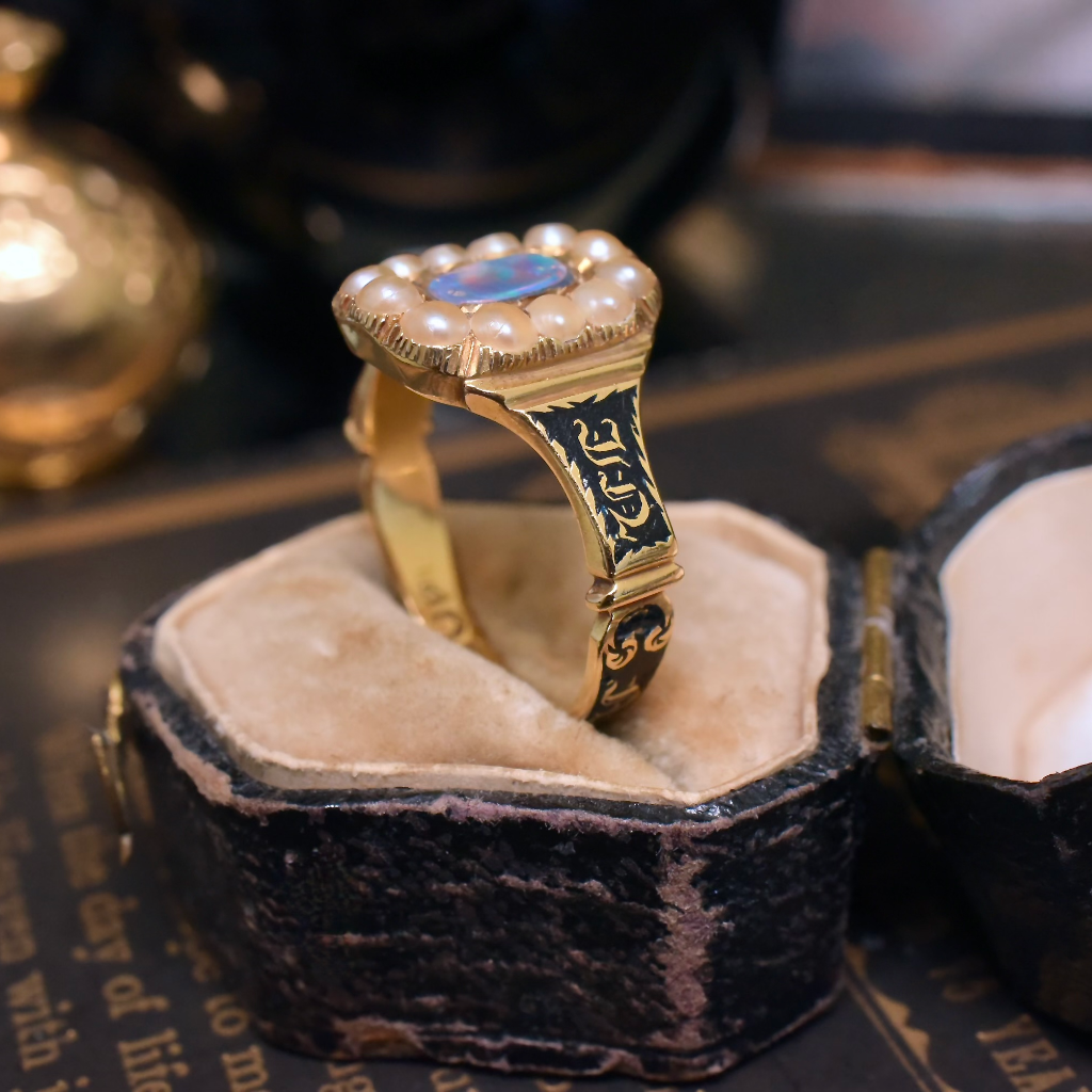 Antique Early Victorian 18ct Gold Pearl And Opal (Doublet) Enamel ‘In Memory Of’ Ring - 1839