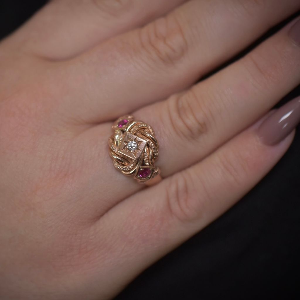 Antique Edwardian 9ct Rose Gold Ruby And Diamond ‘Lovers Knot’ Ring Birmingham 1919