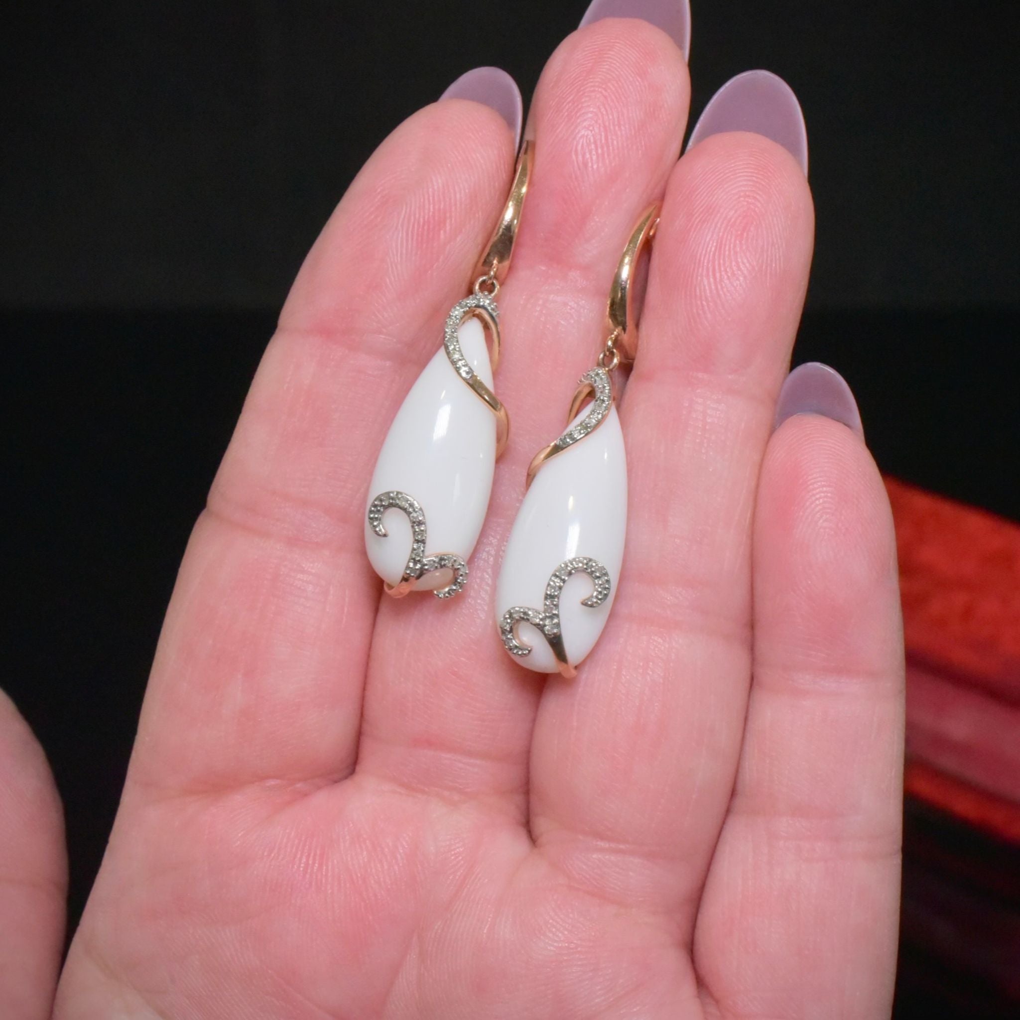 Contemporary 14ct Rose Gold Diamond And Ceramic Tear-Drop Earrings