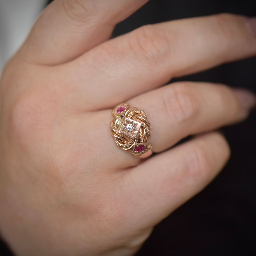 Antique Edwardian 9ct Rose Gold Ruby And Diamond ‘Lovers Knot’ Ring Birmingham 1919