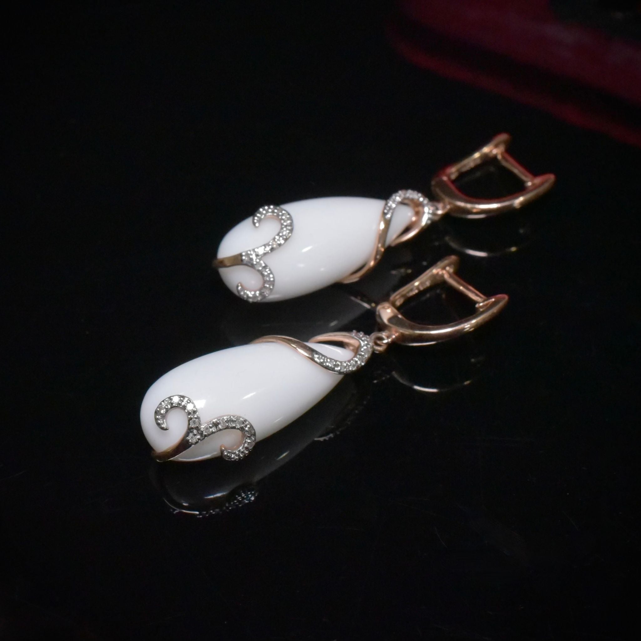 Contemporary 14ct Rose Gold Diamond And Ceramic Tear-Drop Earrings