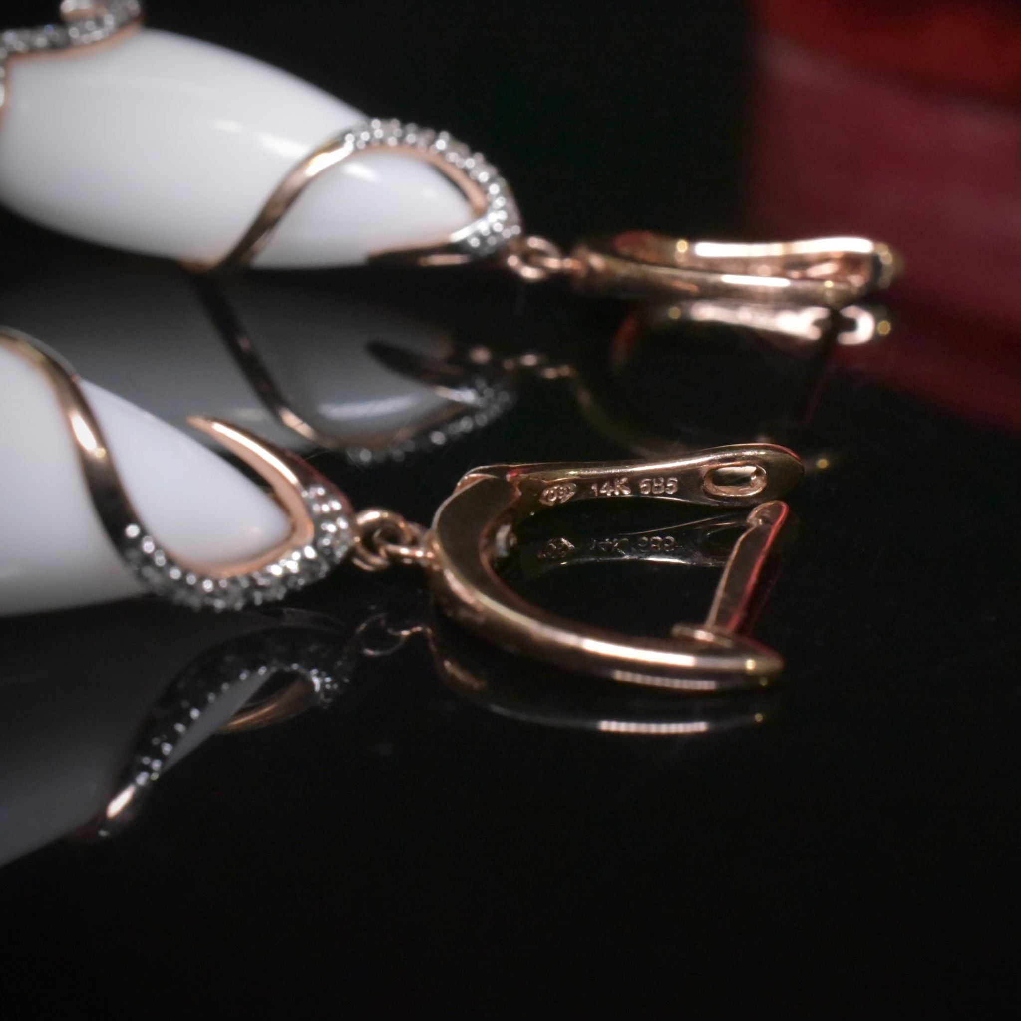 Contemporary 14ct Rose Gold Diamond And Ceramic Tear-Drop Earrings