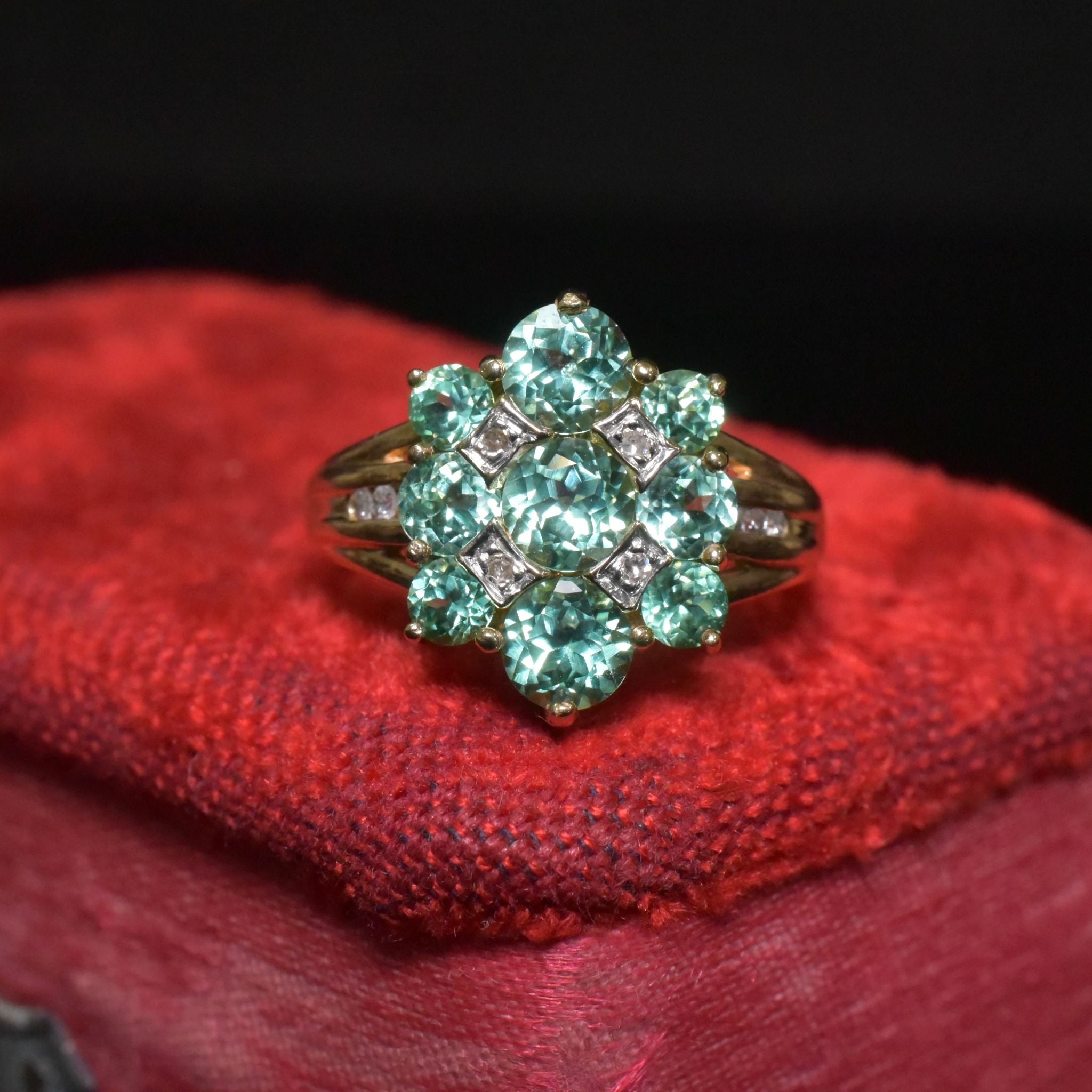 Contemporary 9ct Yellow Gold Apatite And Diamond Cluster Ring
