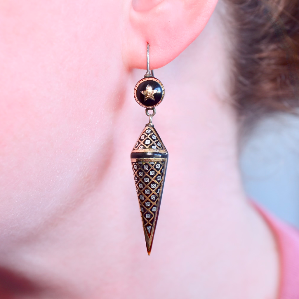 Antique Victorian French Gold And Silver ‘Pique’ Tortoiseshell Earrings Circa 1870 - 80s
