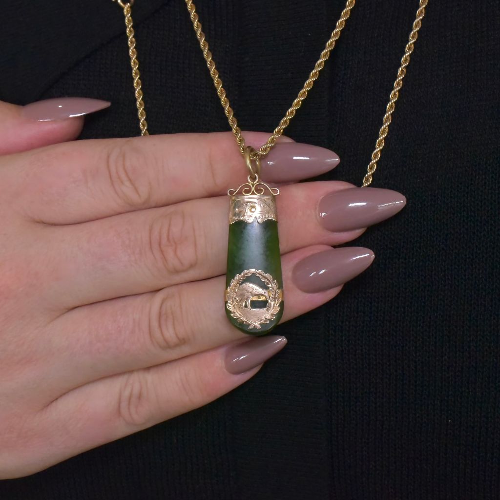Antique Edwardian 9ct Rose Gold Nephrite Jade (Pounamu) Kiwi Fob Pendant Circa 1910