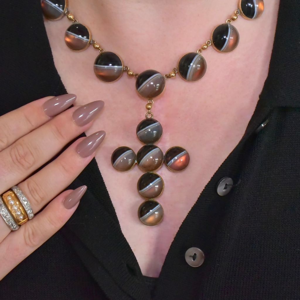 Superb Antique Victorian Domed Banded Agate Cross Necklace Circa 1860