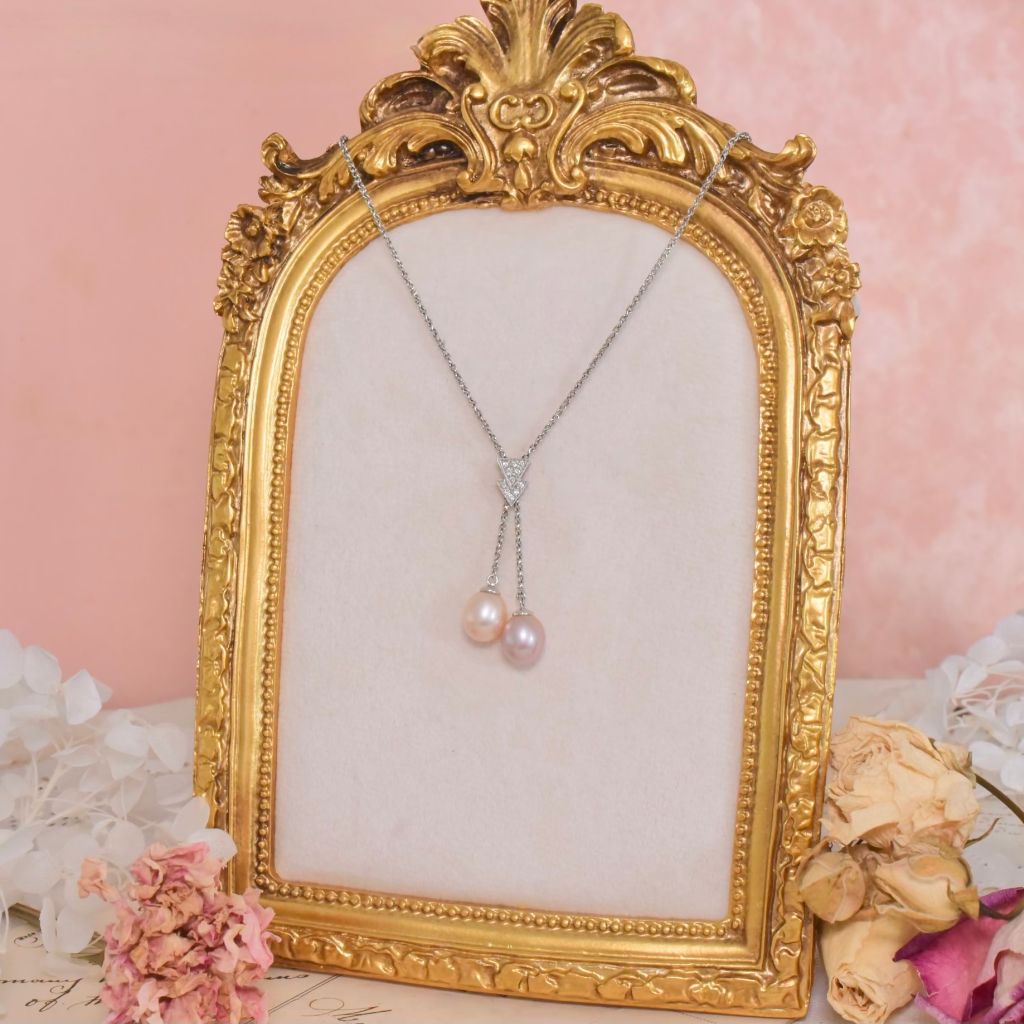 Modern 18ct White Gold Diamond And Pearl Lavaliere Pendant Necklace