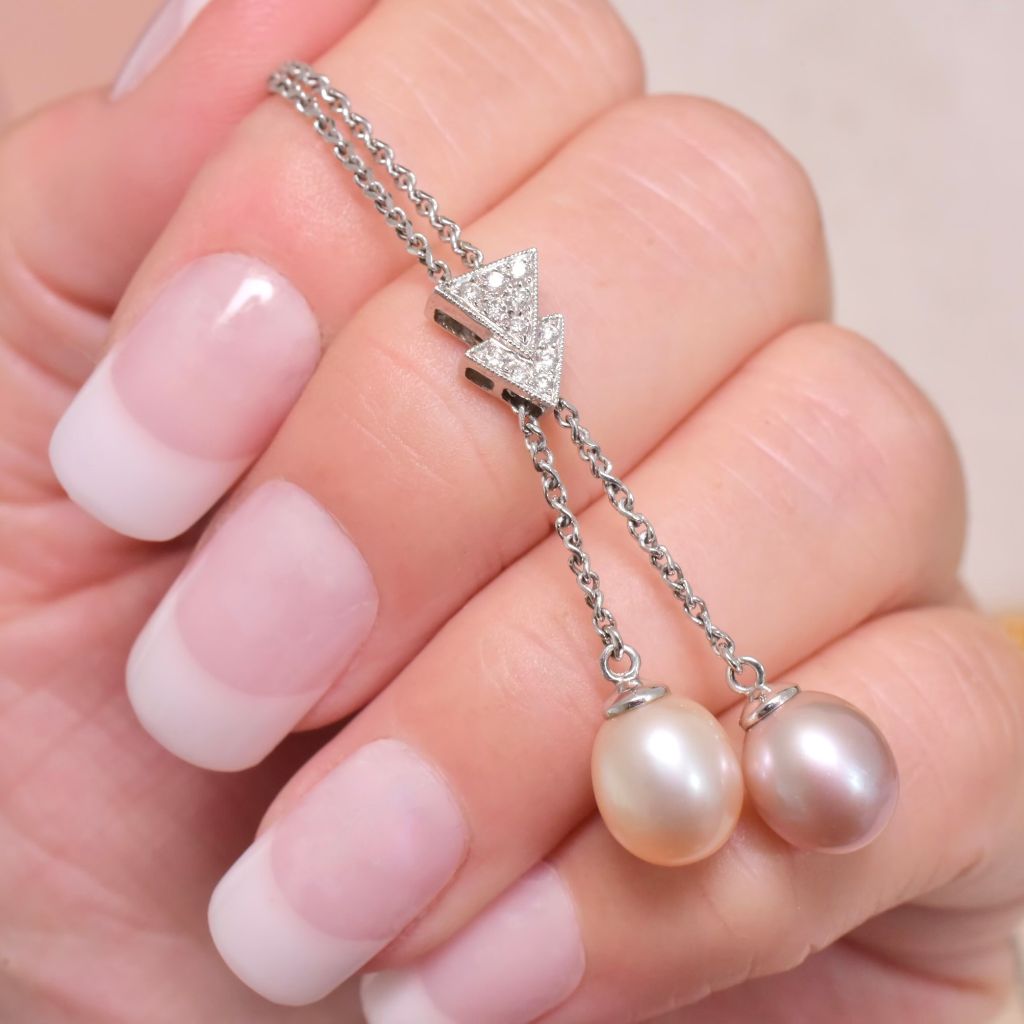 Modern 18ct White Gold Diamond And Pearl Lavaliere Pendant Necklace