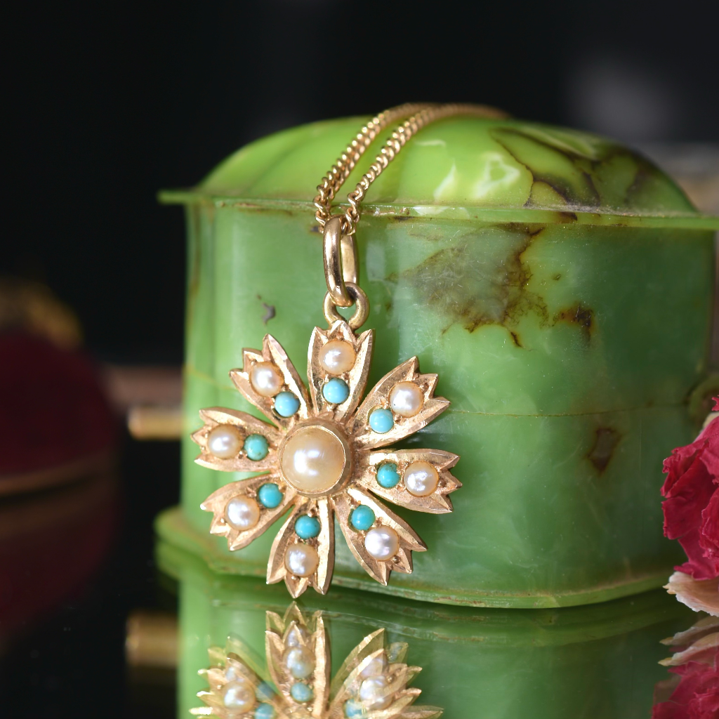 Antique Australian 15ct Rose Gold Turquoise And Seed Pearl Pendant