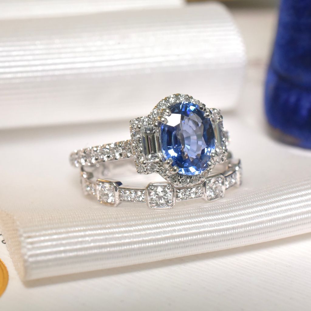 Superb Australian Platinum And Natural Ceylon Sapphire Diamond Ring RRP $8,150 AUD By Paul Bram, Melbourne