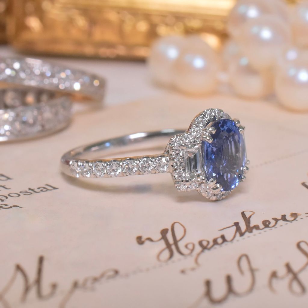 Superb Australian Platinum And Natural Ceylon Sapphire Diamond Ring RRP $8,150 AUD By Paul Bram, Melbourne