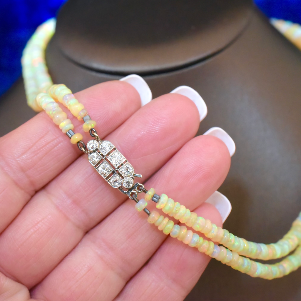 Vintage 18ct Gold And Diamond Ethiopian Opal Two Strand Necklace