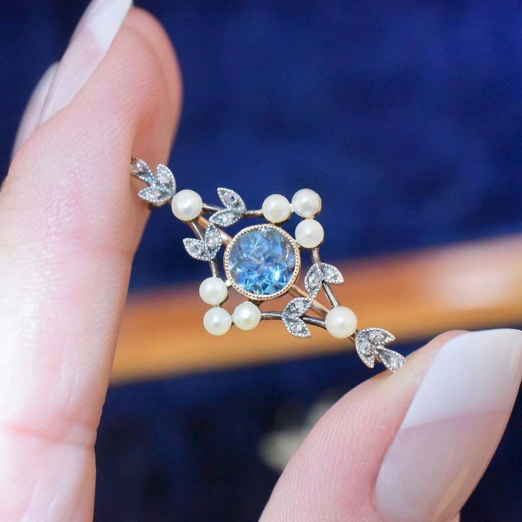 Antique Edwardian 15ct Yellow Gold Aquamarine Diamond Pearl Brooch Circa 1910-15