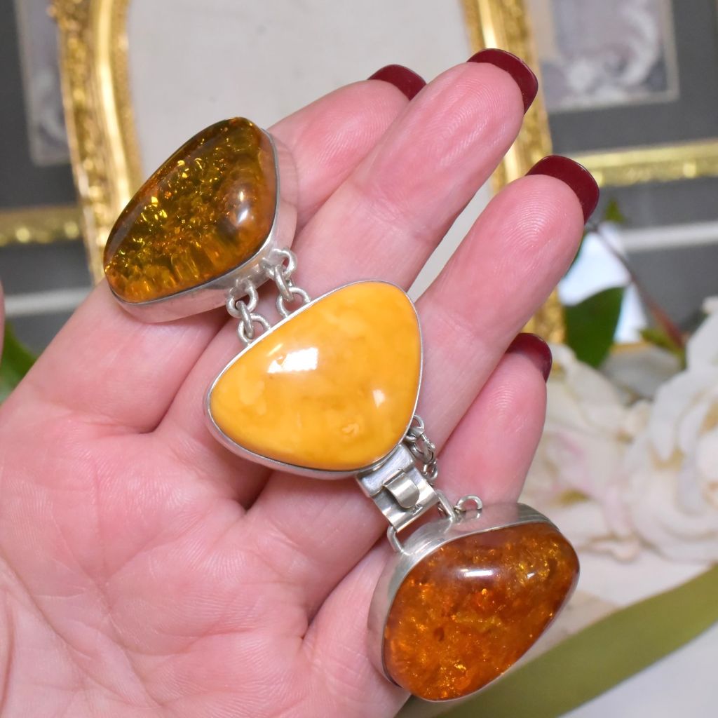 Vintage Sterling Silver And Amber Bracelet - 59 Grams