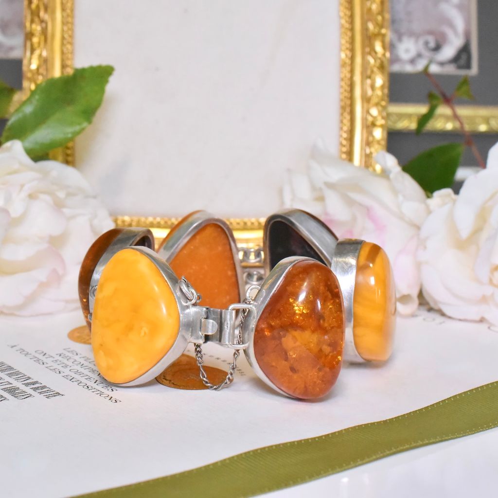 Vintage Sterling Silver And Amber Bracelet - 59 Grams