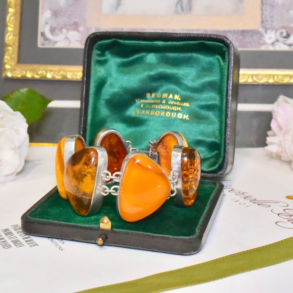Vintage Sterling Silver And Amber Bracelet - 59 Grams