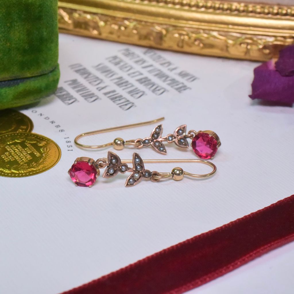 Antique Edwardian Rose Gold Seed Pearl And Red Paste Earrings Circa 1915